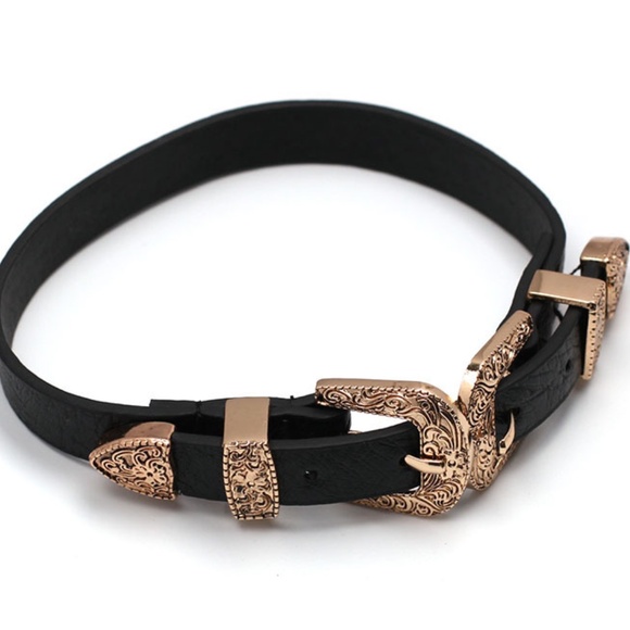 Cowgirl Buckle Black Faux Leather Choker Necklace Western Festival Jewelry - Picture 3 of 7